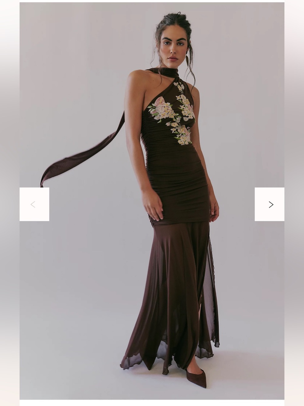 NWT Free People /Saemdi One Shoulder Brown Embroidered Dress with scarf Detail.